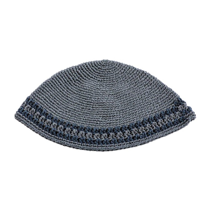 Hand Made Knitted Fabric Gray Frik Kippah with Dark G... | Frik Kippah