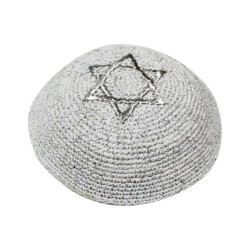 Silver Knitted Kippah with Embroidered Silver Star... | Knitted Kippah