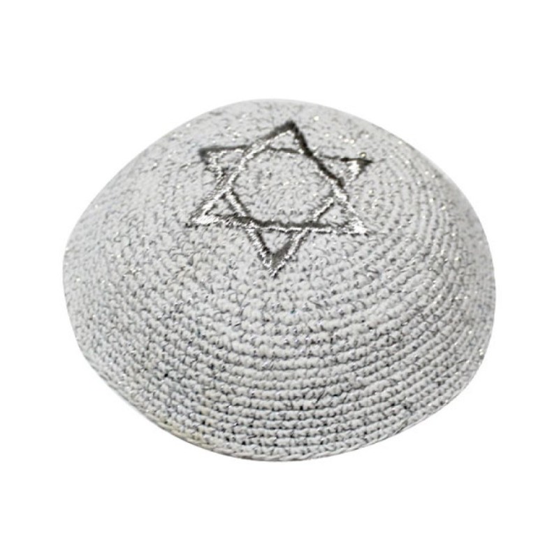 Silver Knitted Kippah with Embroidered Silver Star... | Knitted Kippah