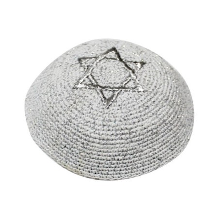 Silver Knitted Kippah with Embroidered Silver Star... | Knitted Kippah