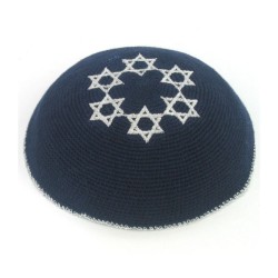 Navy Blue Knitted Kippah with Embroidered Silver S... | Knitted Kippah
