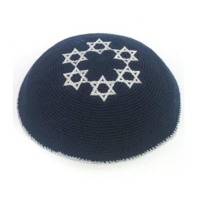 Navy Blue Knitted Kippah with Embroidered Silver S... | Knitted Kippah