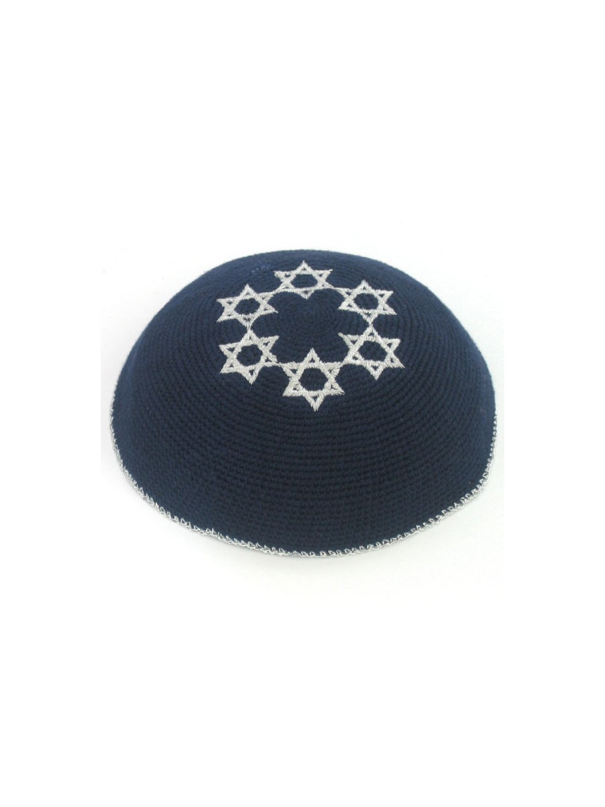 Navy Blue Knitted Kippah with Embroidered Silver S... | Knitted Kippah