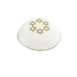 White Knitted Kippah with Embroidered Gold Stars o... | Knitted Kippah