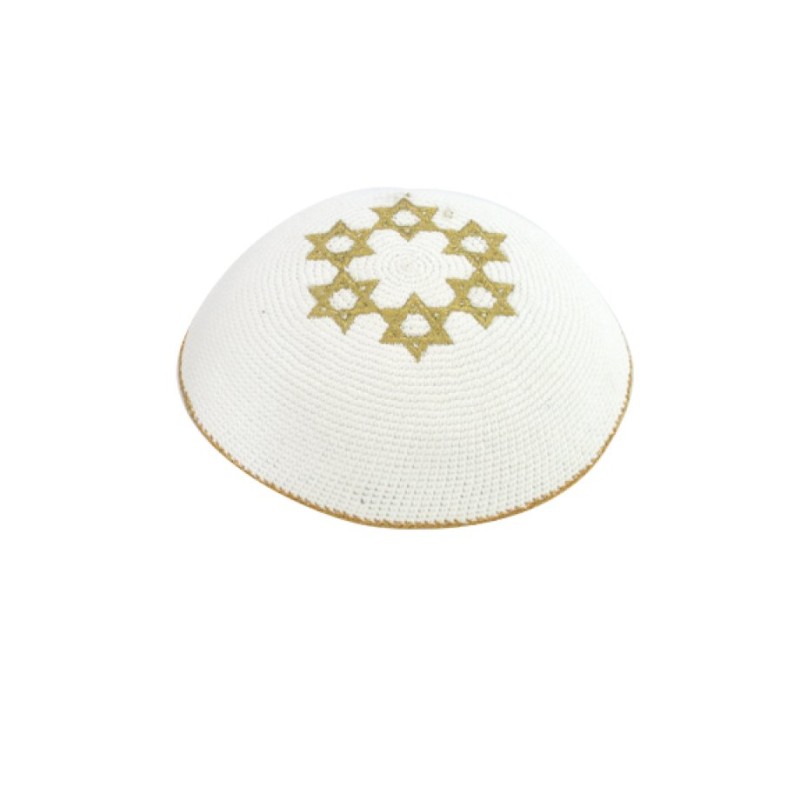 White Knitted Kippah with Embroidered Gold Stars o... | Knitted Kippah