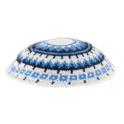 White DMC Knitted Kippah with Blue Black and White... | Knitted Kippah