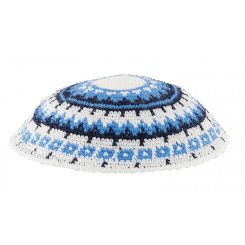 White DMC Knitted Kippah with Blue Black and White... | Knitted Kippah