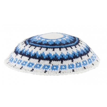 White DMC Knitted Kippah with Blue Black and White... | Knitted Kippah