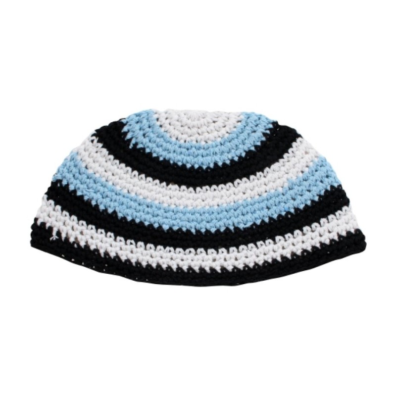 Frik Kippah %96 White Black and Sky blue Horizontal S... | Frik Kippah