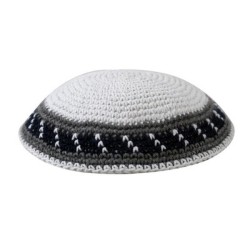 White Knitted Cotton Kippah with Gray Stripes Bord... | Knitted Kippah