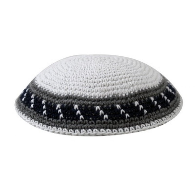 White Knitted Cotton Kippah with Gray Stripes Bord... | Knitted Kippah