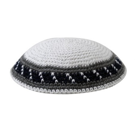 White Knitted Cotton Kippah with Gray Stripes Bord... | Knitted Kippah