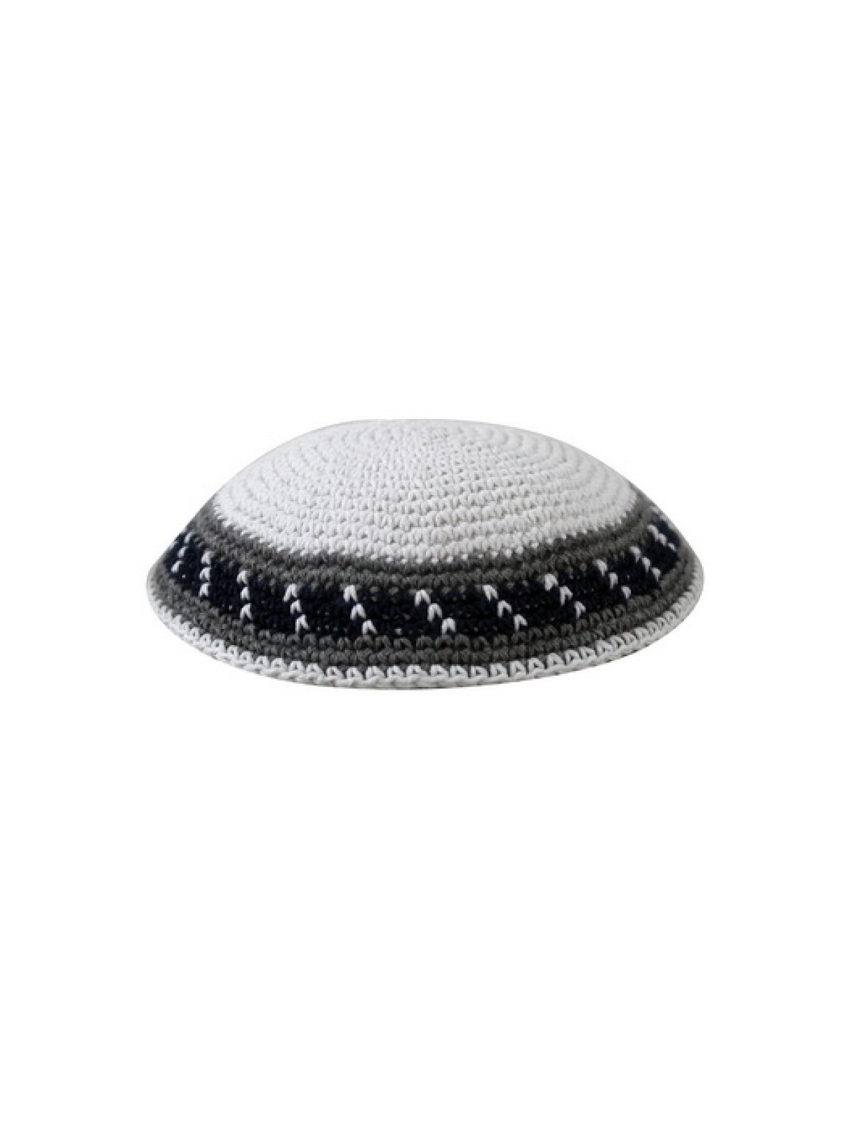 White Knitted Cotton Kippah with Gray Stripes Bord... | Knitted Kippah