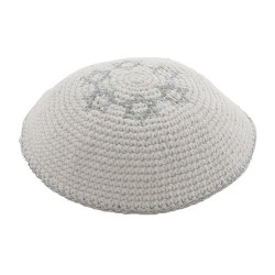 White Knitted Kippah with Silver Stars of David | Knitted Kippah