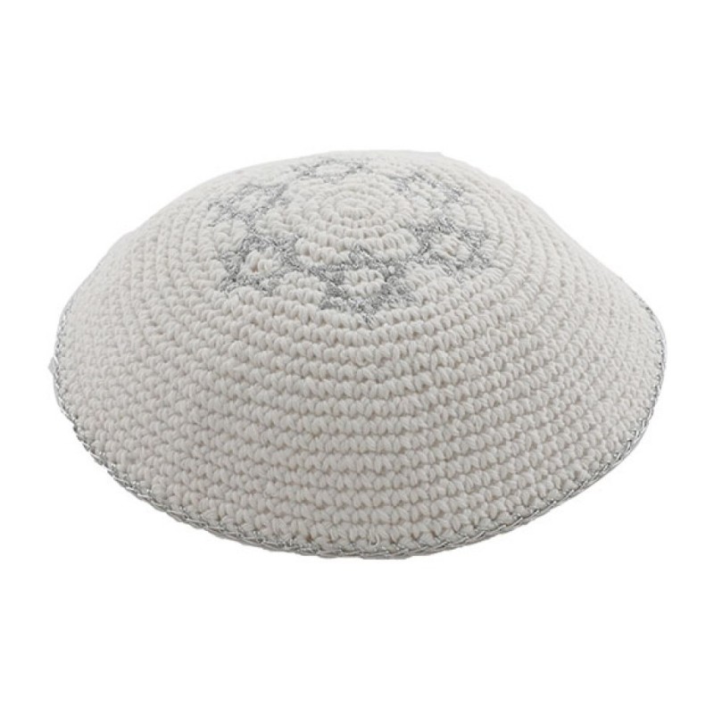White Knitted Kippah with Silver Stars of David | Knitted Kippah