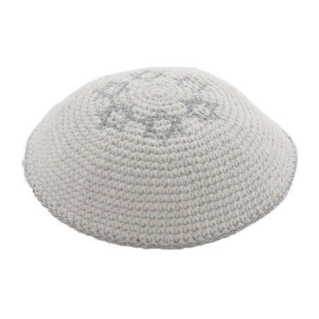White Knitted Kippah with Silver Stars of David | Knitted Kippah