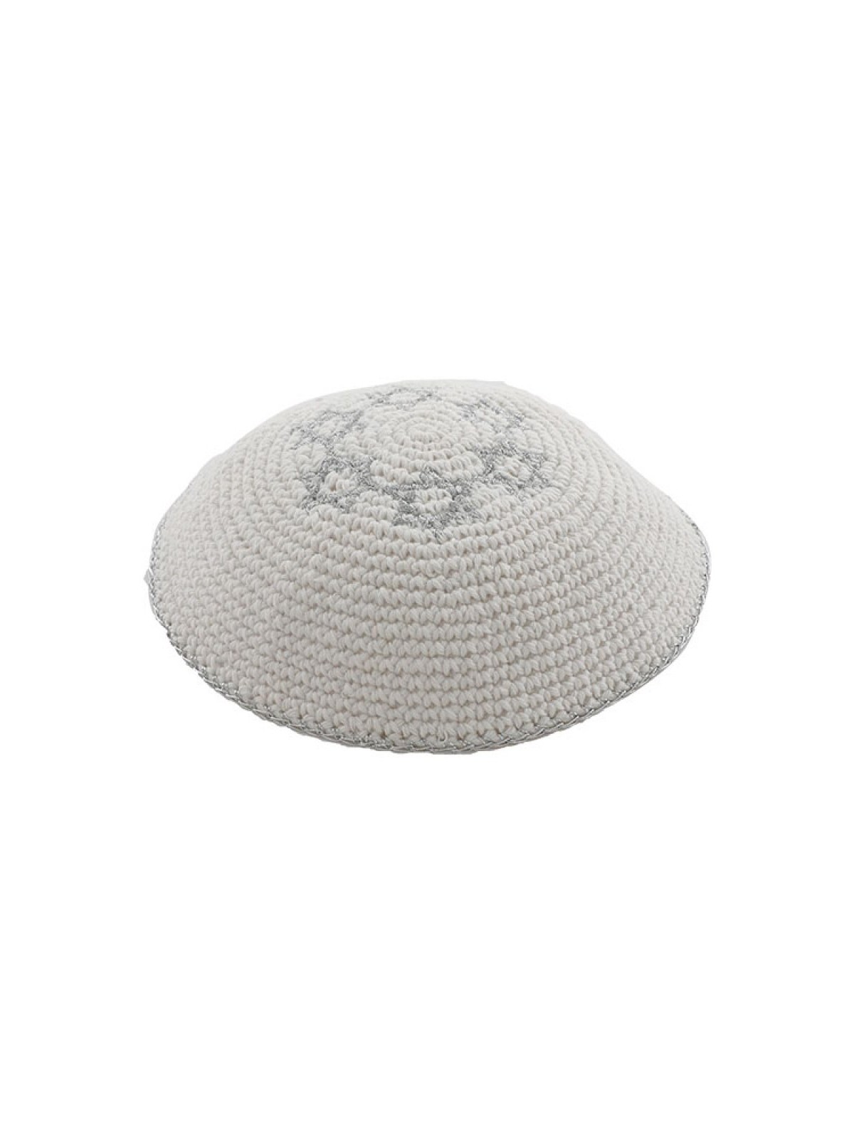 White Knitted Kippah with Silver Stars of David | Knitted Kippah