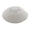 White Knitted Kippah with Silver Stars of David | Knitted Kippah