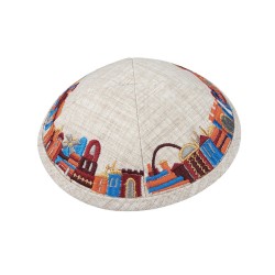 Beige Fabric Kippah with Embroidered Colorful Jerusa... | Cloth Kippah