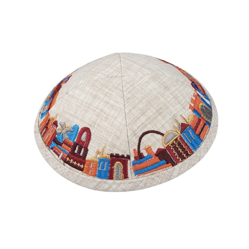 Beige Fabric Kippah with Embroidered Colorful Jerusa... | Cloth Kippah