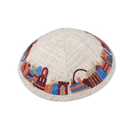 Beige Fabric Kippah with Embroidered Colorful Jerusa... | Cloth Kippah