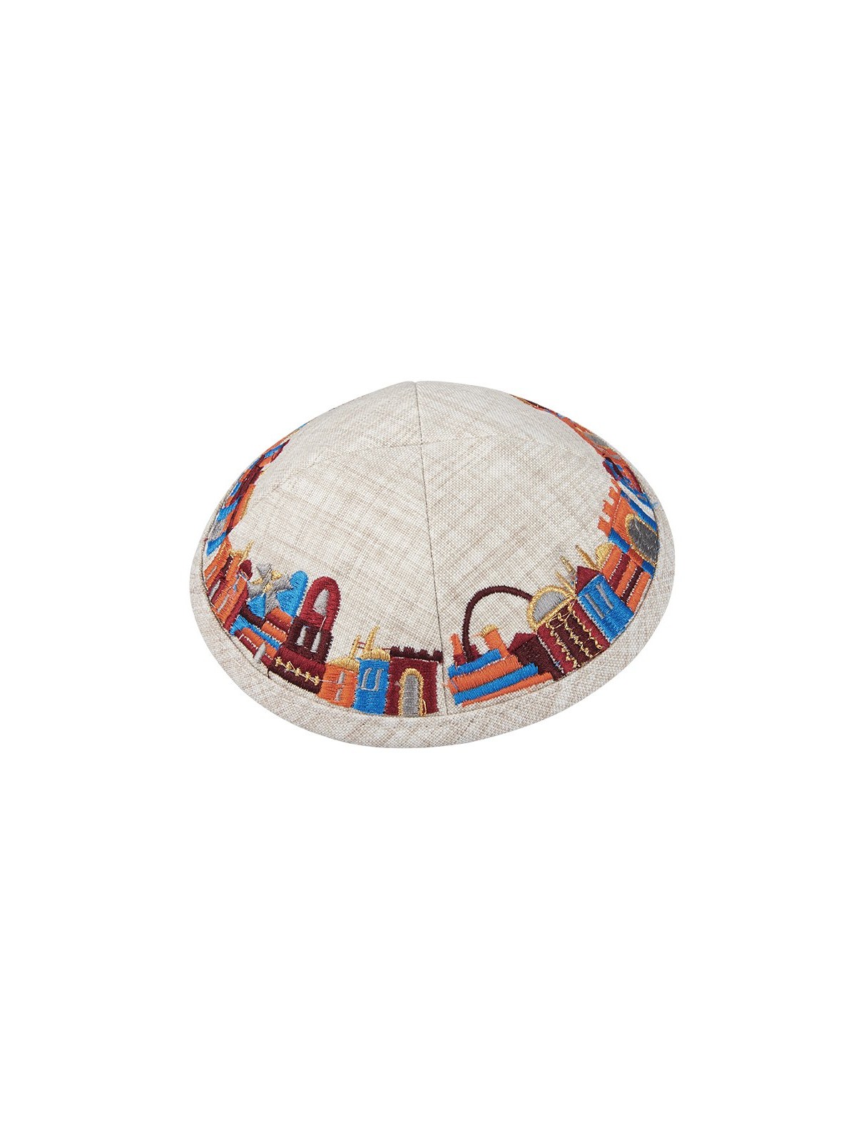 Beige Fabric Kippah with Embroidered Colorful Jerusa... | Cloth Kippah