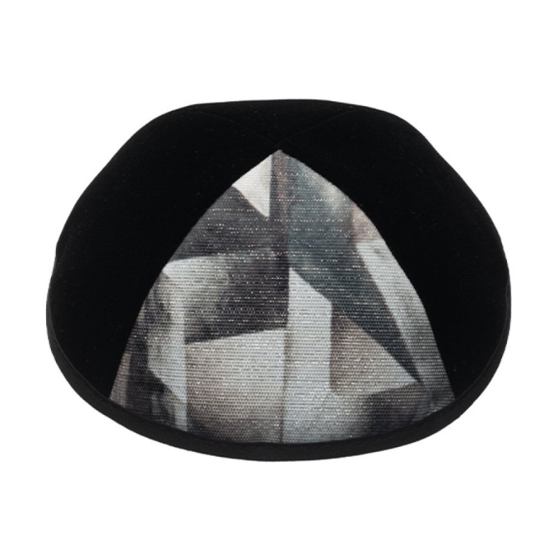 Black Velvet Kippah with Geometric Design Panel | Velvet Kippah