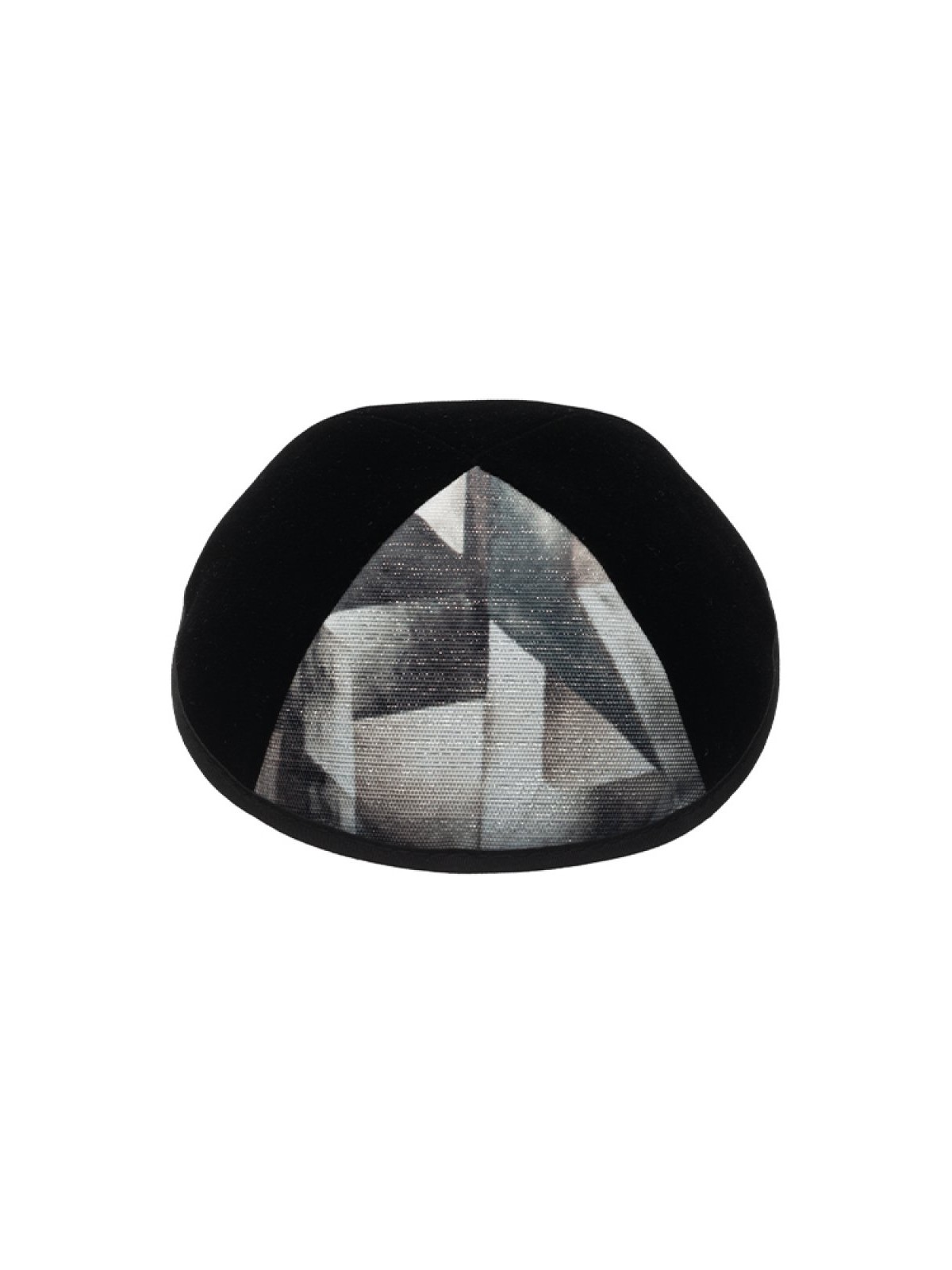 Black Velvet Kippah with Geometric Design Panel | Velvet Kippah