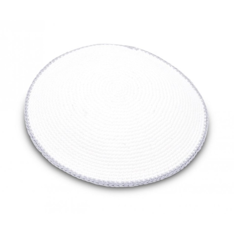 Hand Knitted Cotton Kippah Solid White with Gray B... | Knitted Kippah
