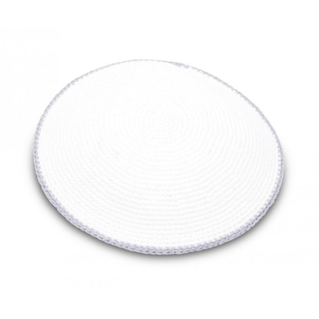 Hand Knitted Cotton Kippah Solid White with Gray B... | Knitted Kippah