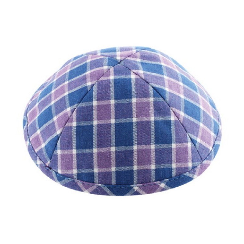 Blue and Lilac Cotton Fabric Kippah %96 Checkered De... | Linen Kippah
