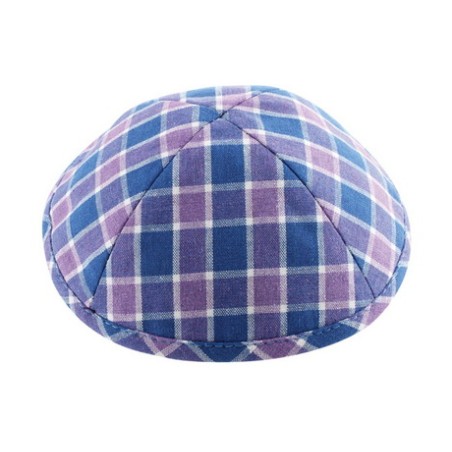 Blue and Lilac Cotton Fabric Kippah %96 Checkered De... | Linen Kippah