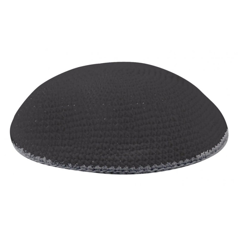 Black Knitted Kippah with Gray Border | Knitted Kippah