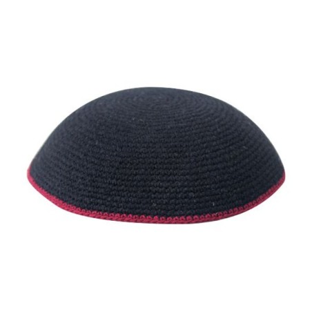 Black DMC Knitted Kippah with Thin Red Border Stripe | Knitted Kippah