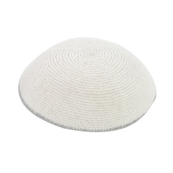 White Knitted Kippah with Silver Border Stripe | Knitted Kippah
