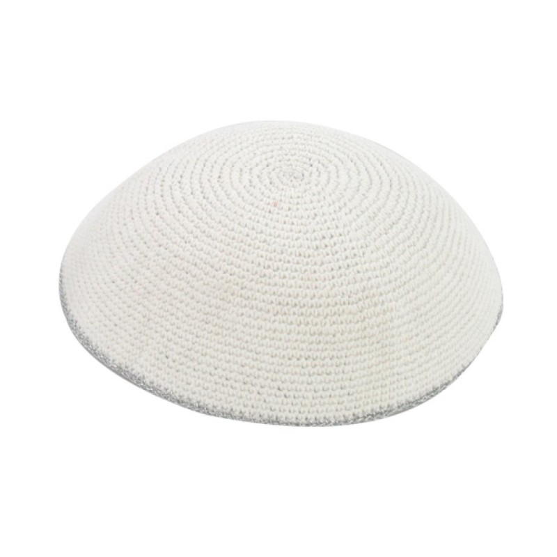 White Knitted Kippah with Silver Border Stripe | Knitted Kippah