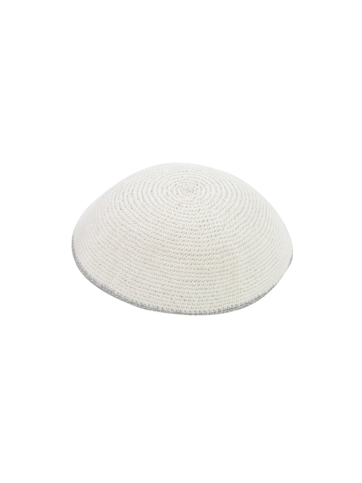 White Knitted Kippah with Silver Border Stripe | Knitted Kippah