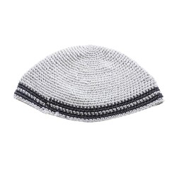 Hand Made White Frik Kippah with Gray Border Stripes | Frik Kippah