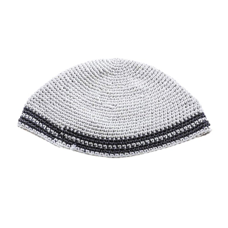 Hand Made White Frik Kippah with Gray Border Stripes | Frik Kippah