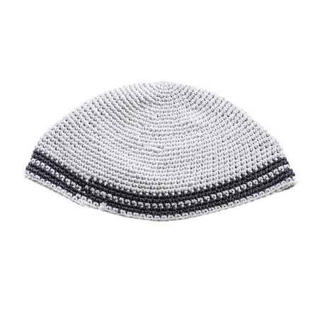 Hand Made White Frik Kippah with Gray Border Stripes | Frik Kippah