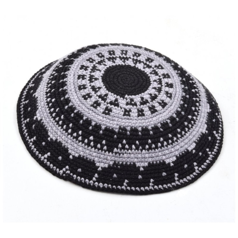 Hand Knitted Premium DMC Cotton Kippah Gray and Bl... | Knitted Kippah