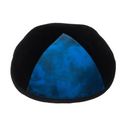 Black Velvet Kippah with Blue Design Panel | Velvet Kippah