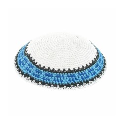 White Knitted Kippah with Lively Blue Border | Knitted Kippah