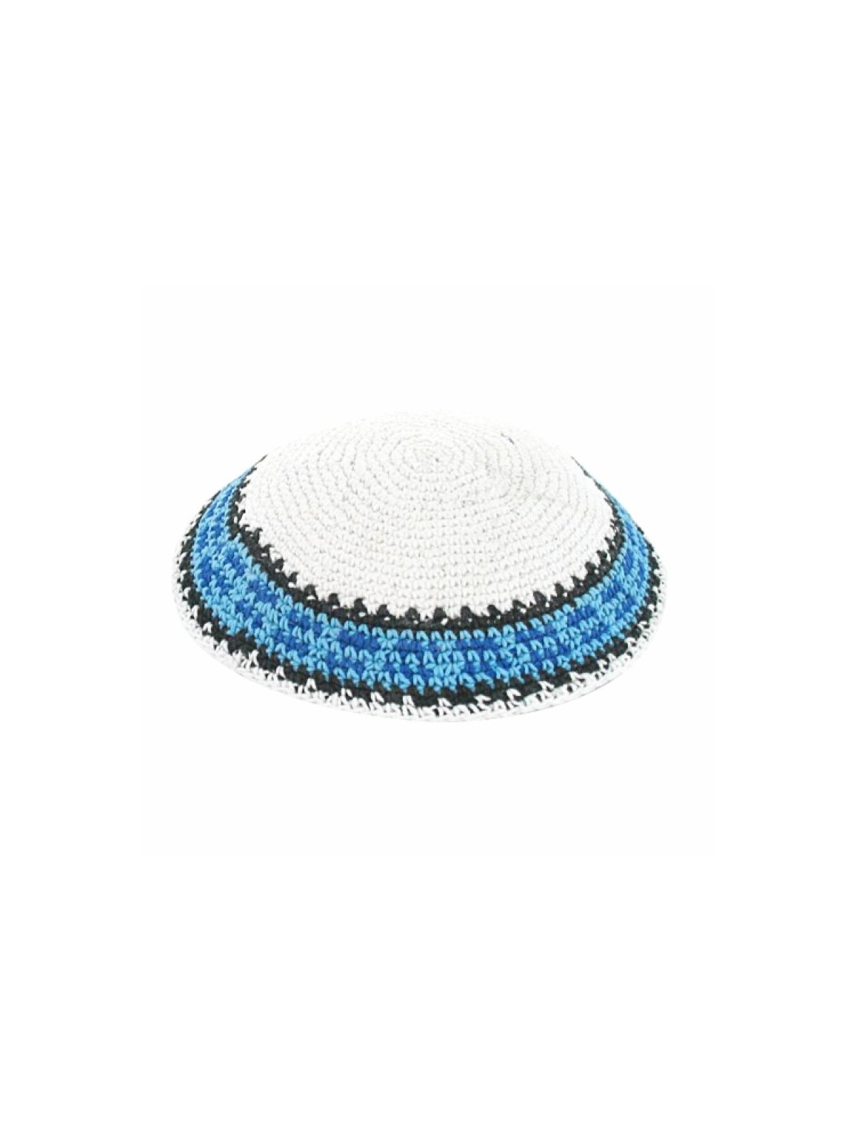 White Knitted Kippah with Lively Blue Border | Knitted Kippah