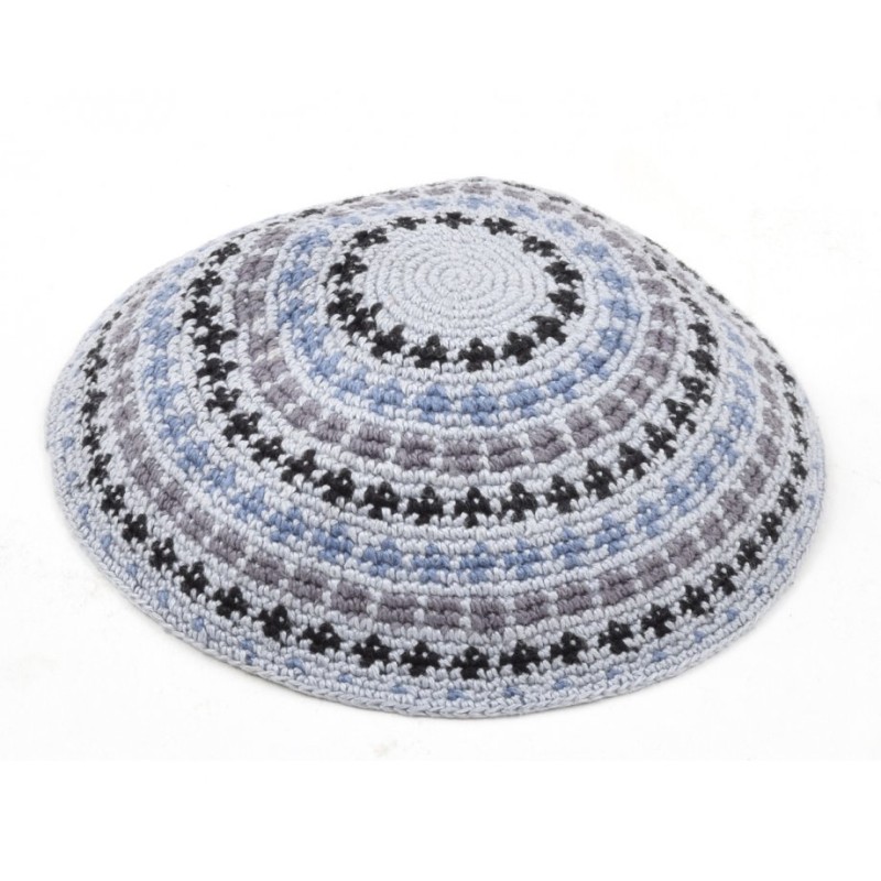 Hand Knitted Premium DMC Cotton Kippah Gray and Bl... | Knitted Kippah
