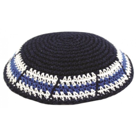 Blue Knitted Kippah with Blue White Border Design | Knitted Kippah
