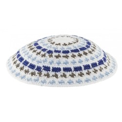 White DMC knitted kippah with Olive Blue and White... | Knitted Kippah