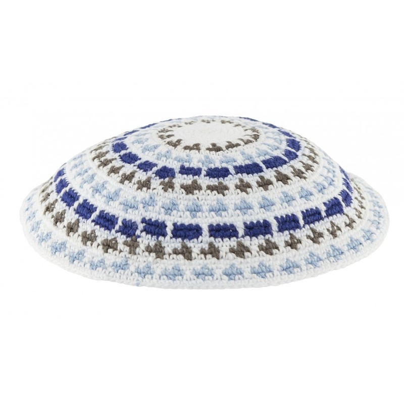 White DMC knitted kippah with Olive Blue and White... | Knitted Kippah