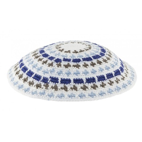 White DMC knitted kippah with Olive Blue and White... | Knitted Kippah