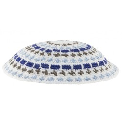 White DMC knitted kippah with Olive Blue and White... | Knitted Kippah